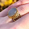 Double Heart Detailed Gray Moonstone Gemstone Filigree Art Gold Plated Sterling Silver Women Statement Ring - Image 2