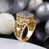 Double Heart Detailed Gray Moonstone Gemstone Filigree Art Gold Plated Sterling Silver Women Statement Ring - Image 4