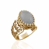 Double Heart Detailed Gray Moonstone Gemstone Filigree Art Gold Plated Sterling Silver Women Statement Ring