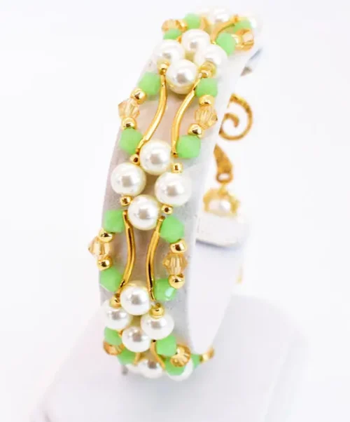 Jade Green, Gold Crystal and Pearl Hex Block Link Bracelet - Image 2