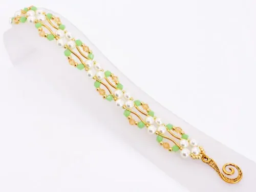 Jade Green, Gold Crystal and Pearl Hex Block Link Bracelet - Image 3