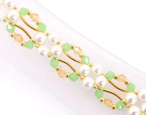 Jade Green, Gold Crystal and Pearl Hex Block Link Bracelet - Image 4