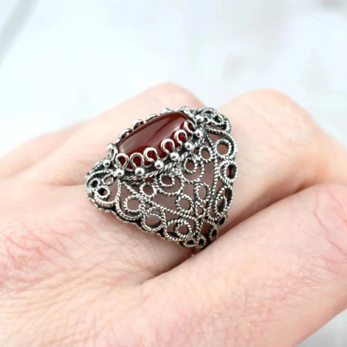 Filigree Art Carnelian Gemstone Lace Detailed Women Silver Statement Ring - Image 2