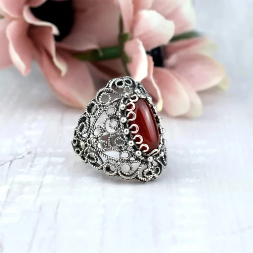 Filigree Art Carnelian Gemstone Lace Detailed Women Silver Statement Ring - Image 4