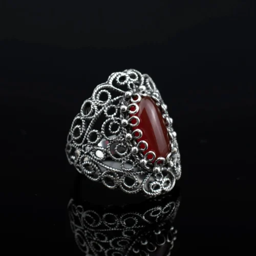 Filigree Art Carnelian Gemstone Lace Detailed Women Silver Statement Ring - Image 5