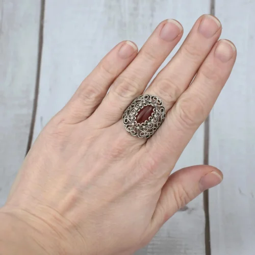 Filigree Art Carnelian Gemstone Lace Detailed Women Silver Statement Ring - Image 3