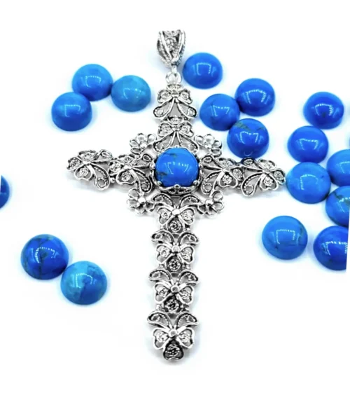 Filigree Art Turquoise Gemstone Silver Cross Design Women Pendant Necklace - Image 2