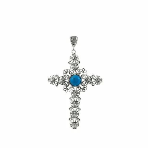 Filigree Art Turquoise Gemstone Silver Cross Design Women Pendant Necklace - Image 3