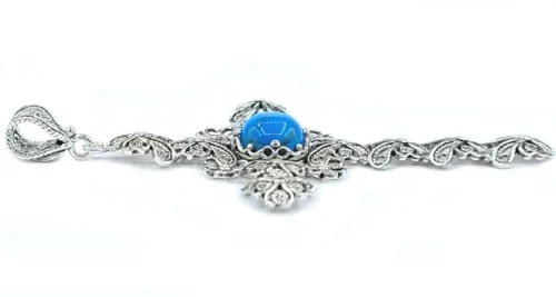 Filigree Art Turquoise Gemstone Silver Cross Design Women Pendant Necklace - Image 4