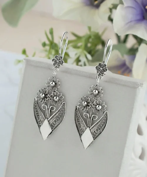 Filigree Art Bunch of Flower Women Sterling Silver Dangle Drop Earrings - Image 3