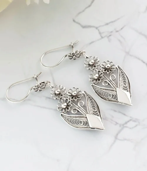 Filigree Art Bunch of Flower Women Sterling Silver Dangle Drop Earrings - Image 4