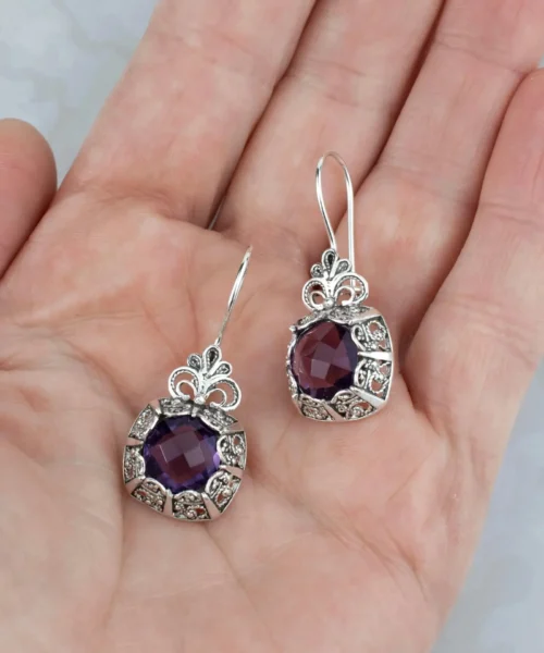 Filigree Art Amethyst Gemstone Women Silver Drop Earrings - Image 4