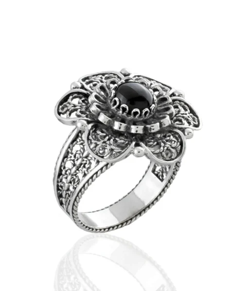 Filigree Art Black Onyx Gemstone Women Silver Statement Ring