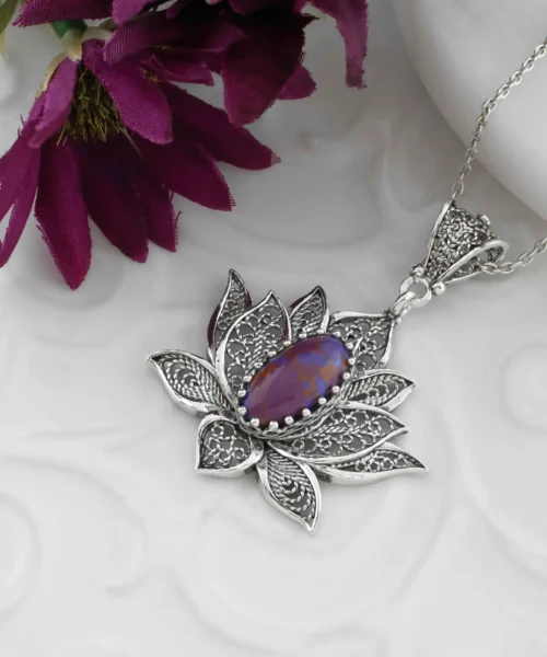 Filigree Art Mojave Turquoise Gemstone Blossoming Lotus Flower Women Silver Pendant Necklace - Image 3