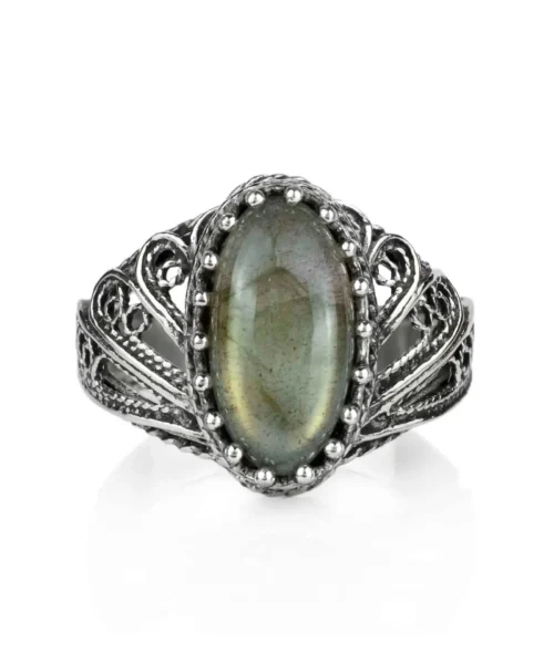 Filigree Art Labradorite Gemstone Angel Design Women Silver Cocktail Ring