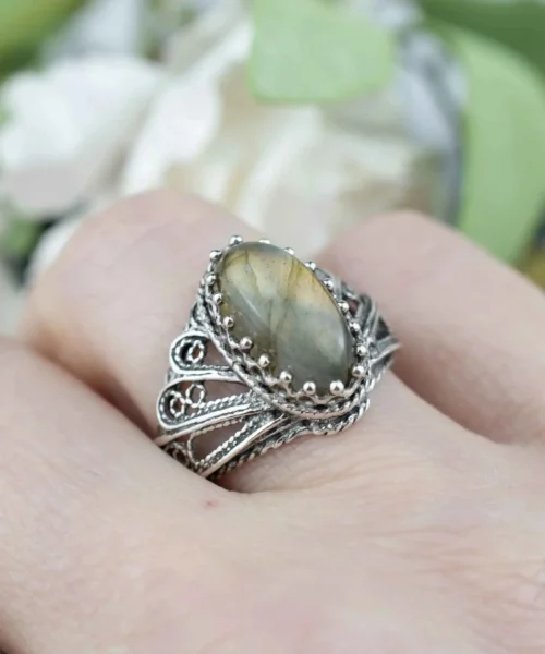 Filigree Art Labradorite Gemstone Angel Design Women Silver Cocktail Ring - Image 2