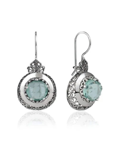 Sterling Silver Filigree Art Aquamarine Gemstone Women Drop Earrings