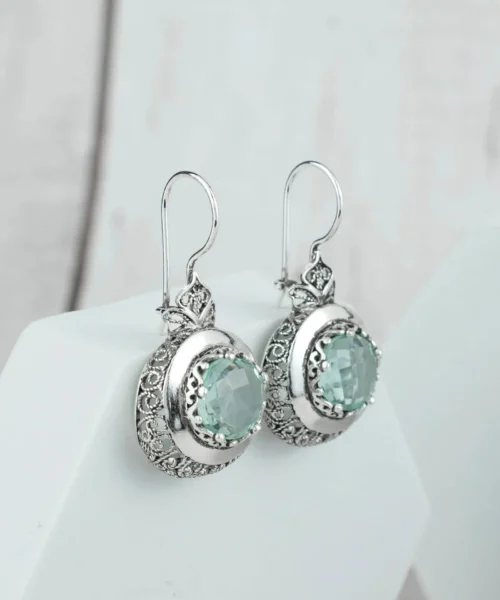 Sterling Silver Filigree Art Aquamarine Gemstone Women Drop Earrings - Image 3