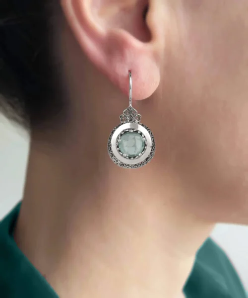 Sterling Silver Filigree Art Aquamarine Gemstone Women Drop Earrings - Image 2