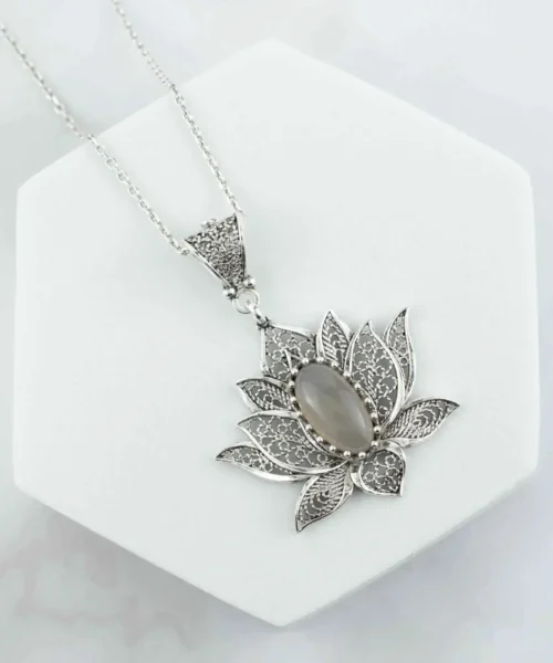 Filigree Art Gray Moonstone Gemstone Blossoming Lotus Flower Women Silver Pendant Necklace - Image 4