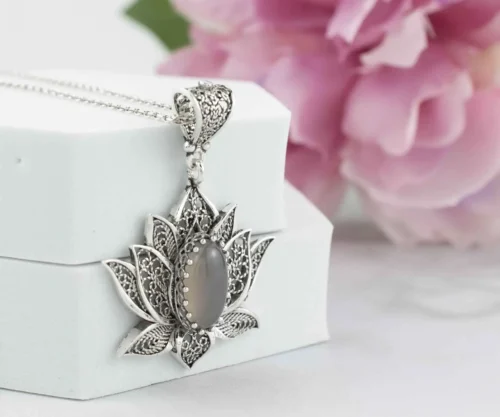 Filigree Art Gray Moonstone Gemstone Blossoming Lotus Flower Women Silver Pendant Necklace - Image 3