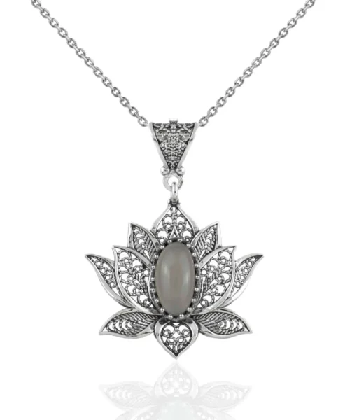 Filigree Art Gray Moonstone Gemstone Blossoming Lotus Flower Women Silver Pendant Necklace