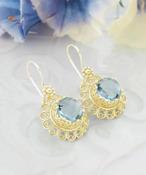 Filigree Art Flower Design Gold Plated Silver Blue Topaz Gemstone Women Drop Earrings - Image 4