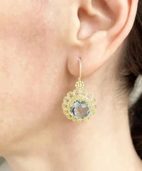 Filigree Art Flower Design Gold Plated Silver Blue Topaz Gemstone Women Drop Earrings - Image 2