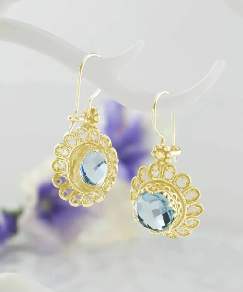 Filigree Art Flower Design Gold Plated Silver Blue Topaz Gemstone Women Drop Earrings - Image 3