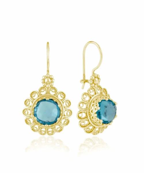 Filigree Art Flower Design Gold Plated Silver Blue Topaz Gemstone Women Drop Earrings