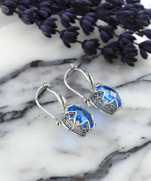 Exquisite Filigree Flower Design Blue Quartz Sterling Silver Dangle Earrings - Image 3