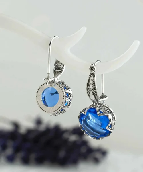 Exquisite Filigree Flower Design Blue Quartz Sterling Silver Dangle Earrings - Image 4