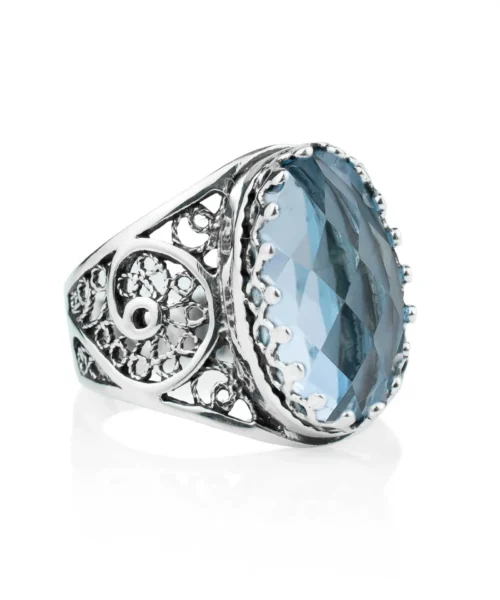 Filigree Art Blue Topaz Gemstone Women Oval Silver Cocktail Ring