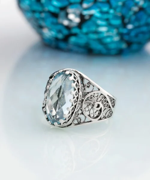 Filigree Art Blue Topaz Gemstone Women Oval Silver Cocktail Ring - Image 3