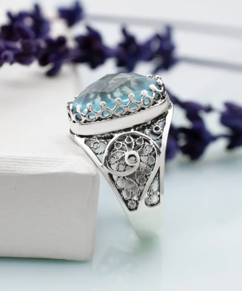 Filigree Art Blue Topaz Gemstone Women Oval Silver Cocktail Ring - Image 4