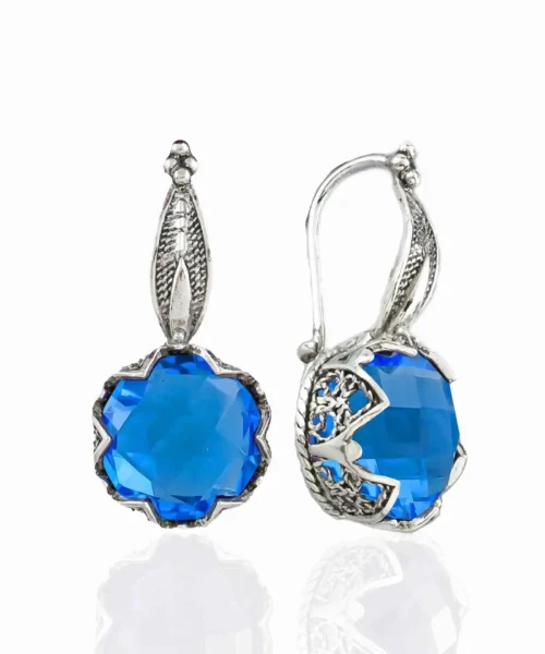 Exquisite Filigree Flower Design Blue Quartz Sterling Silver Dangle Earrings