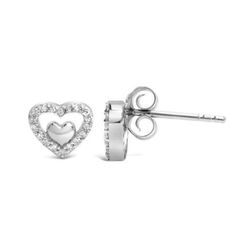 925 Sterling Silver 1/6 Cttw Diamond Open Double Heart Stud Earrings - Choice of Diamond Color - Image 7