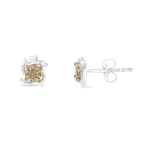 Two-Toned Sterling-Silver Diamond Stud Earring (0.10 cttw, Champagne Color, I2-I3 Clarity) - Image 3