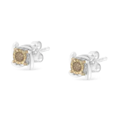 Two-Toned Sterling-Silver Diamond Stud Earring (0.10 cttw, Champagne Color, I2-I3 Clarity) - Image 4