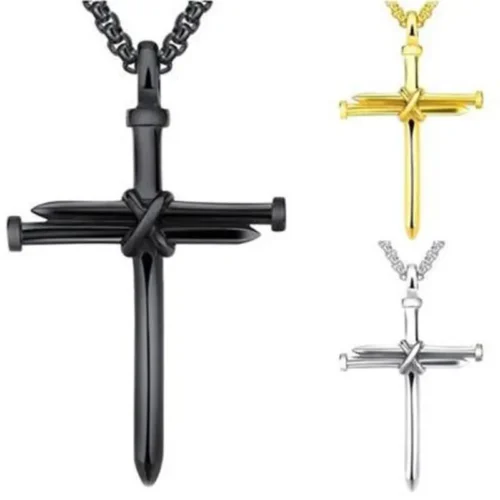 Steel/ Gold /Black Fashion Iron Nail Cross Pendant Necklace - Stainless Steel - 3mm Round - Image 5