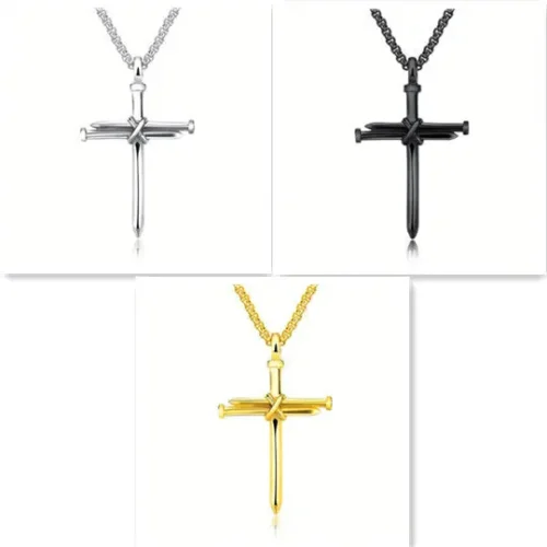 Steel/ Gold /Black Fashion Iron Nail Cross Pendant Necklace - Stainless Steel - 3mm Round - Image 7