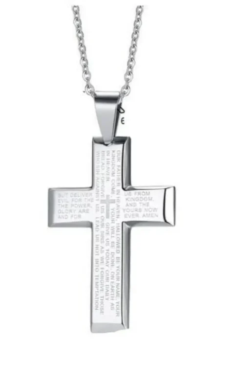 Bible Verse Cross Necklace - Stainless Steel Pendant with Chain - Image 4