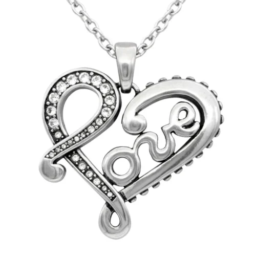 Elegant Engraved LOVE Letter Heart Necklace with Swarovski Crystals - Adjustable Stainless Steel Chain, Perfect Gift for Her