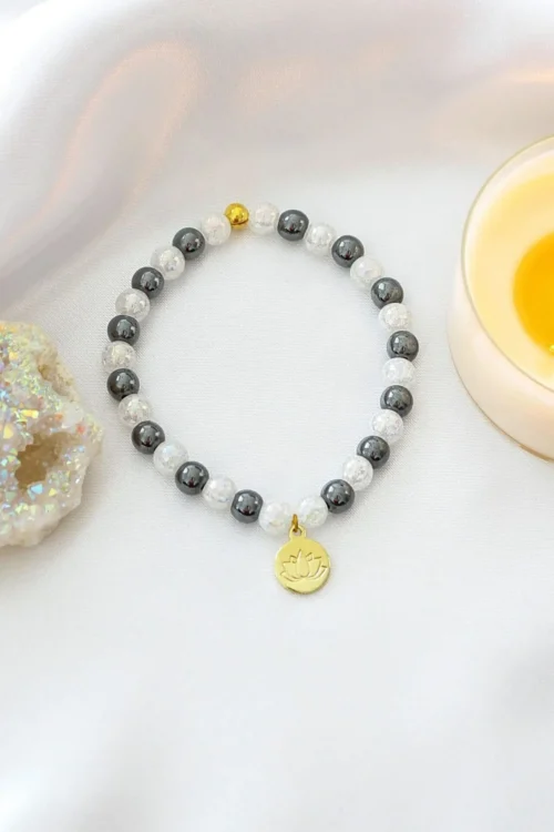 Hematite Elastic Bracelet with 24K Gold Lotus Flower Charm Energy Protection & Style