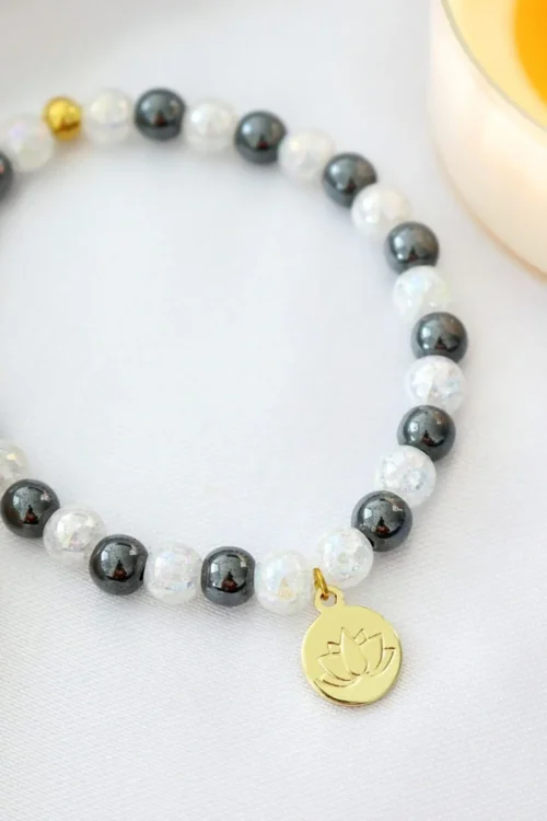 Hematite Elastic Bracelet with 24K Gold Lotus Flower Charm Energy Protection & Style - Image 2