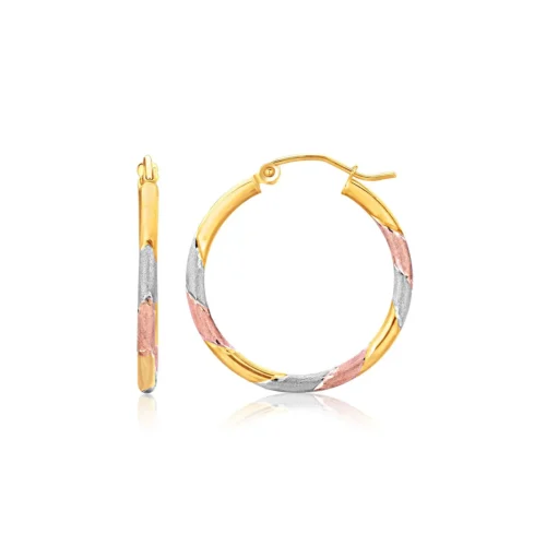 10k Tri-Color Textured Hoop Earrings | 1 Inch Diameter | Elegant & Stylish