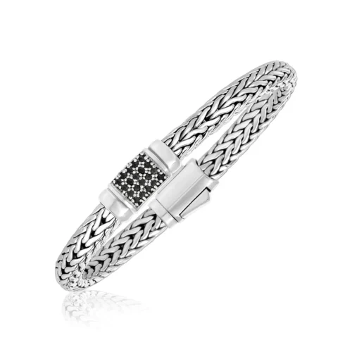 Elegant Sterling Silver Weave Bracelet with Black Sapphire Accents - Perfect Gift for Her