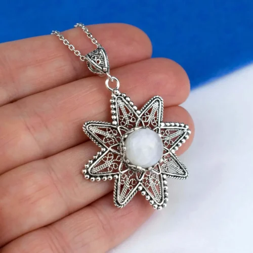 Filigree Art Moonstone Gemstone Sunflower Design Women Silver Pendant Necklace - Image 2