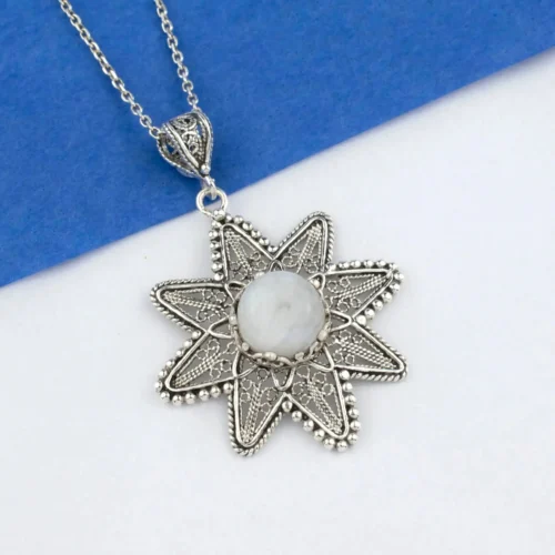 Filigree Art Moonstone Gemstone Sunflower Design Women Silver Pendant Necklace - Image 3