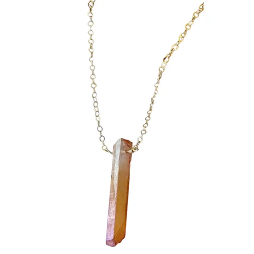 Single Raw Peach Quartz Crystal Pendant Necklace in Gold